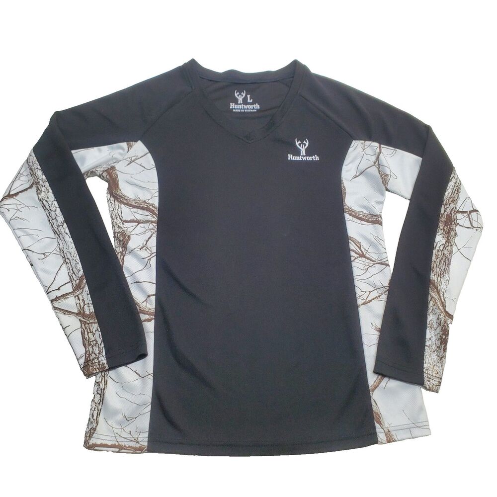 Huntworth Mens Large Hunting Athletic Long Sleeve Pullover Black Brown Camo